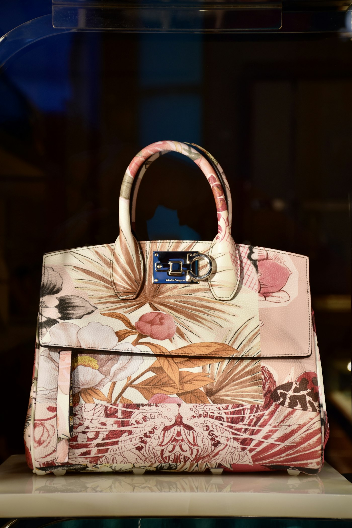 Ladies botanical print leather handbag